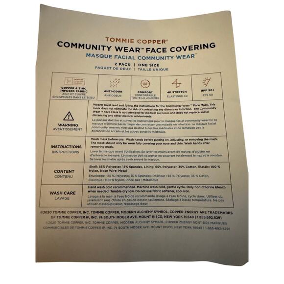 Tommie Copper Face Masks, Black, 2 Pack, One Size, NWT - Picture 4 of 5